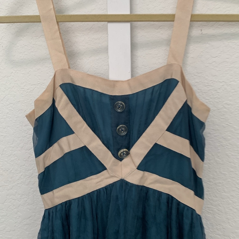Burlapp Anthropologie Turquoise Cream Trim Silk Mini Dress - Picture 2 of 11